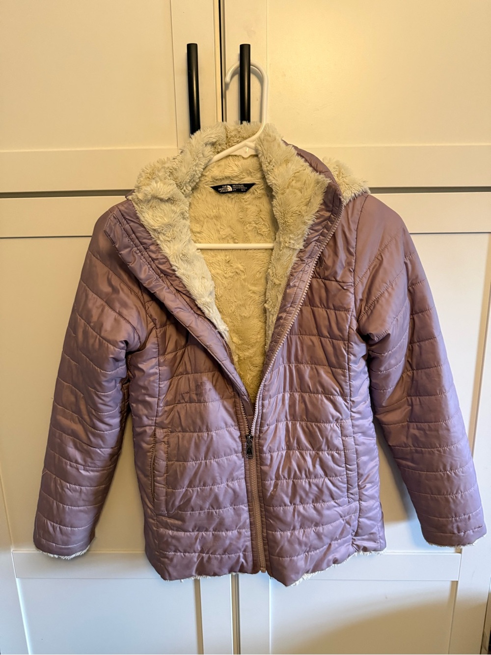 The North Face Girls' Lavender Quilted Jacket with Cream Faux-Fur Lining